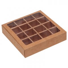 Коробка на 16 конфет с окном крафт 17,7х17,7х3,7 см КУ-237 
