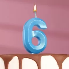 Свеча декоративная Цифра "6" Голубая блестящая 6536335