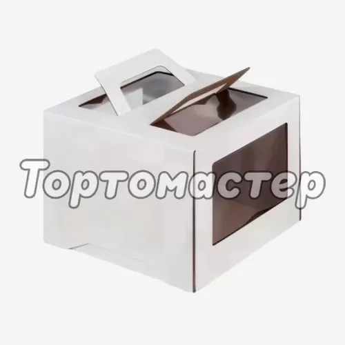 Коробка для торта с окном 12 см и ручкой белая 26х26х20 см 019020 ф